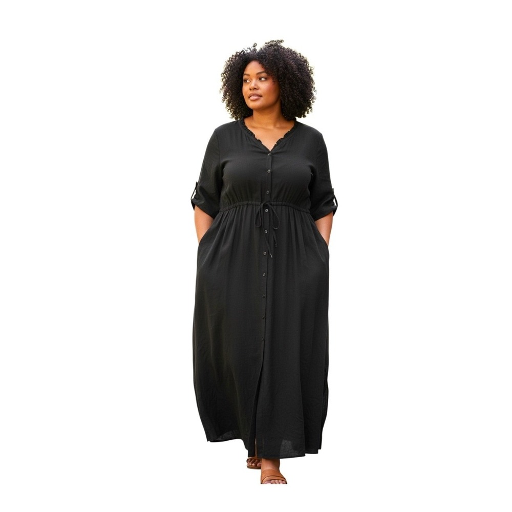 GAP‎ Black Button Front Drawstring Waist Maxi Dress Women's SZ 2XL Minimalist